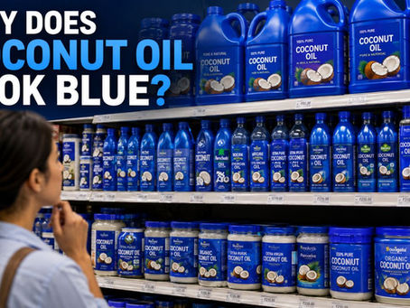 upermarket shelf filled with blue coconut oil bottles highlighting why coconut oil packaging is commonly associated with the colour blue