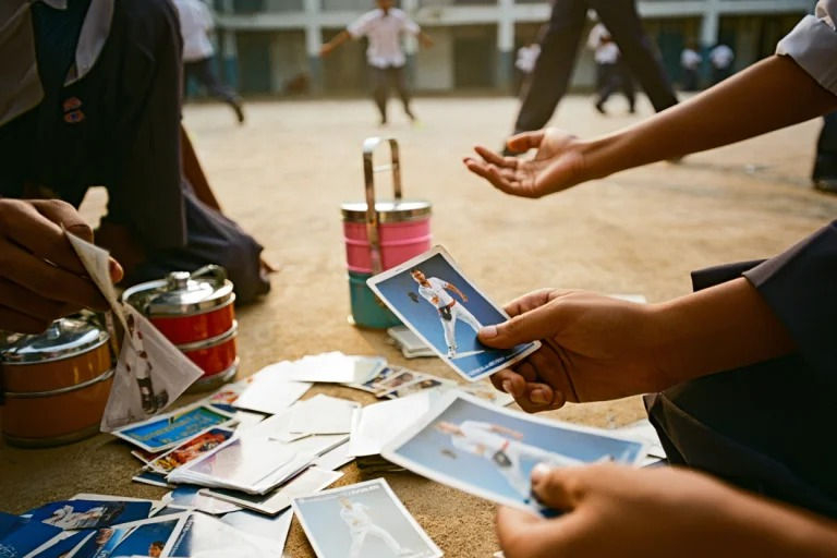 School kids in uniforms sitting on a playground, trading collectible cards near their lunch boxes, with other children playing in the background.