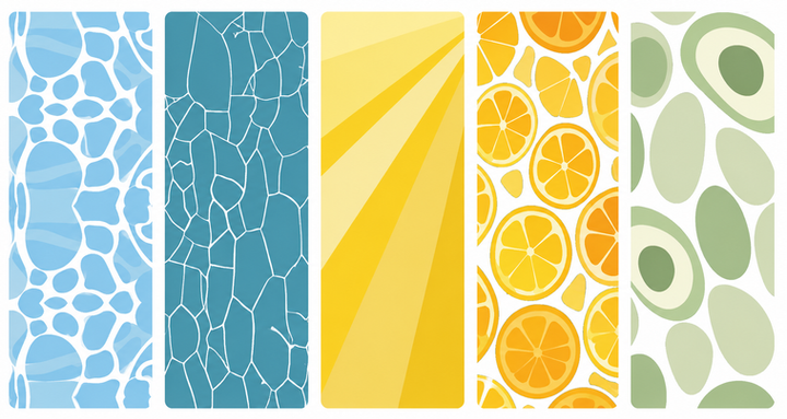 Berare Cosmetics brand pattern collection inspired by water, cells, sunlight, orange and avocado for premium skincare branding.