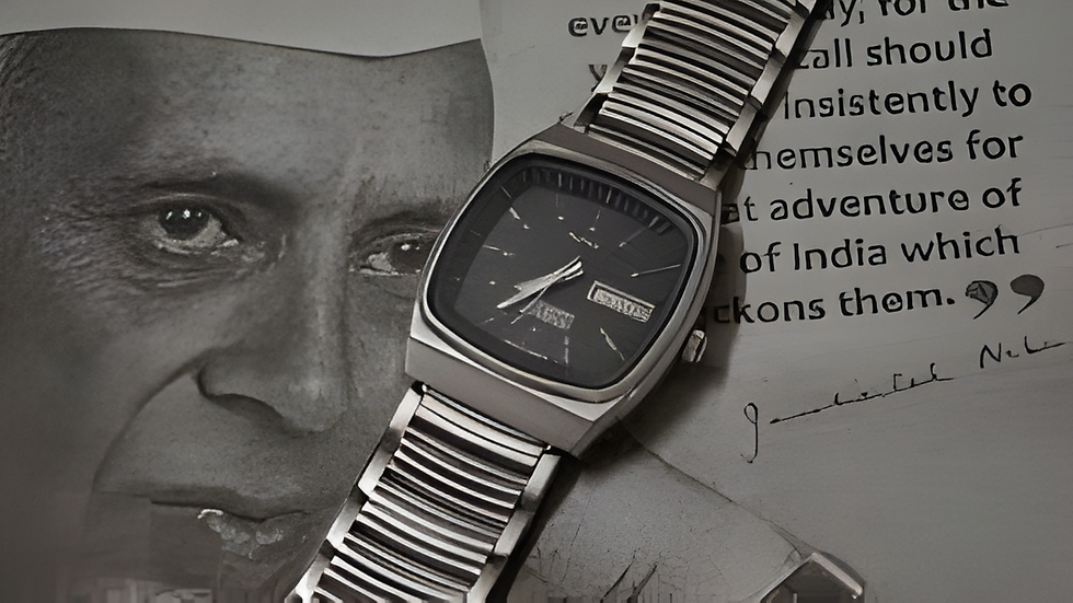 Classic HMT wrist watch with black dial and unique link bracelet resting on a nostalgic sepia background featuring iconic Indian leadership imagery.