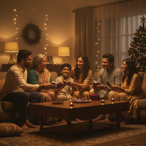 Indian family exchanging gifts and celebrating together during a festive evening, highlighting culture-led Christmas and festive marketing strategies