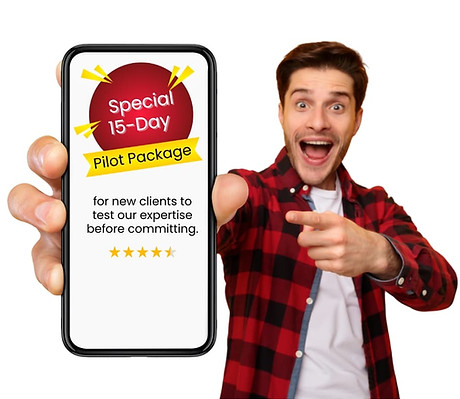 Man holding smartphone promoting Brandfinity special 15-day pilot package offer