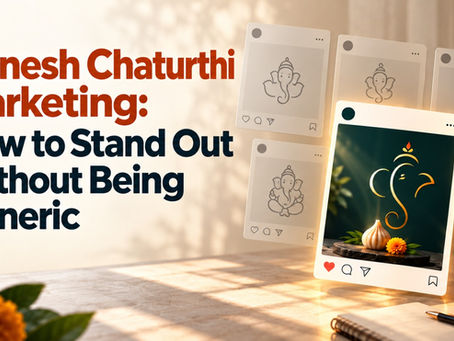 Ganesh Chaturthi marketing blog cover showing generic festive social media posts contrasted with a standout creative Ganesh campaign, highlighting how brands can avoid generic festival marketing.