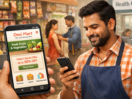 A shopkeeper in a small grocery store smiles while looking at his phone, as another hand in the foreground holds a smartphone displaying the “Desi Mart” app with a fresh fruits and vegetables offer and discount promotion; customers and a health clinic are visible in the background.