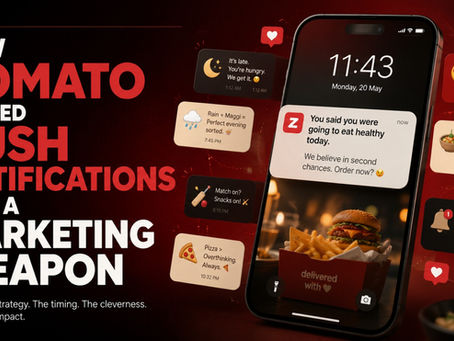 Thumbnail featuring the headline "How Zomato Turned Push Notifications Into a Marketing Weapon" beside three smartphones displaying creative, humorous food delivery notifications in Zomato's signature red theme. The design uses a bold editorial layout with burger visuals and engaging notification examples to illustrate how conversational push notifications outperform traditional promotional messaging.