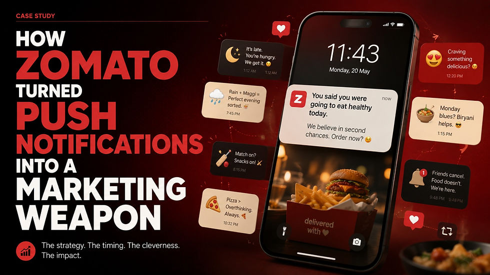 Thumbnail featuring the headline "How Zomato Turned Push Notifications Into a Marketing Weapon" beside three smartphones displaying creative, humorous food delivery notifications in Zomato's signature red theme. The design uses a bold editorial layout with burger visuals and engaging notification examples to illustrate how conversational push notifications outperform traditional promotional messaging.