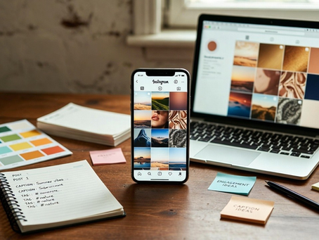 Overhead view of aesthetic Instagram feed planning workspace with neutral color palette swatches, handwritten content calendar notes, printed mockup photos, and smartphone showing perfectly organized clean grid layout