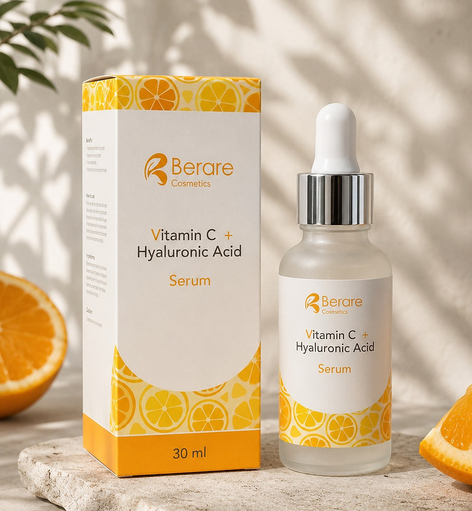 Berare Vitamin C and Hyaluronic Acid Serum displayed with premium cosmetic packaging and citrus-inspired product photography.