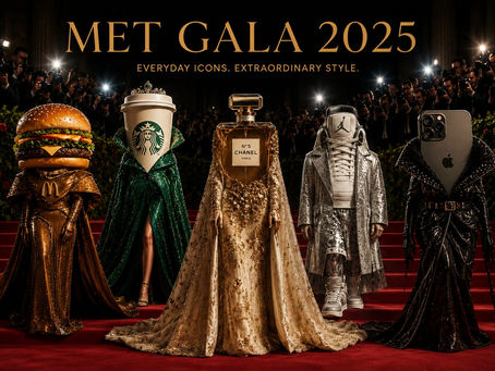 AI-generated creative concept for Met Gala 2025 featuring "Everyday Icons" as luxury fashion. Figures on a red carpet dressed in high-fashion gowns inspired by McDonald's Big Mac, Starbucks coffee cup, Chanel No. 5 perfume, Nike Air Jordan sneakers, and Apple iPhone.