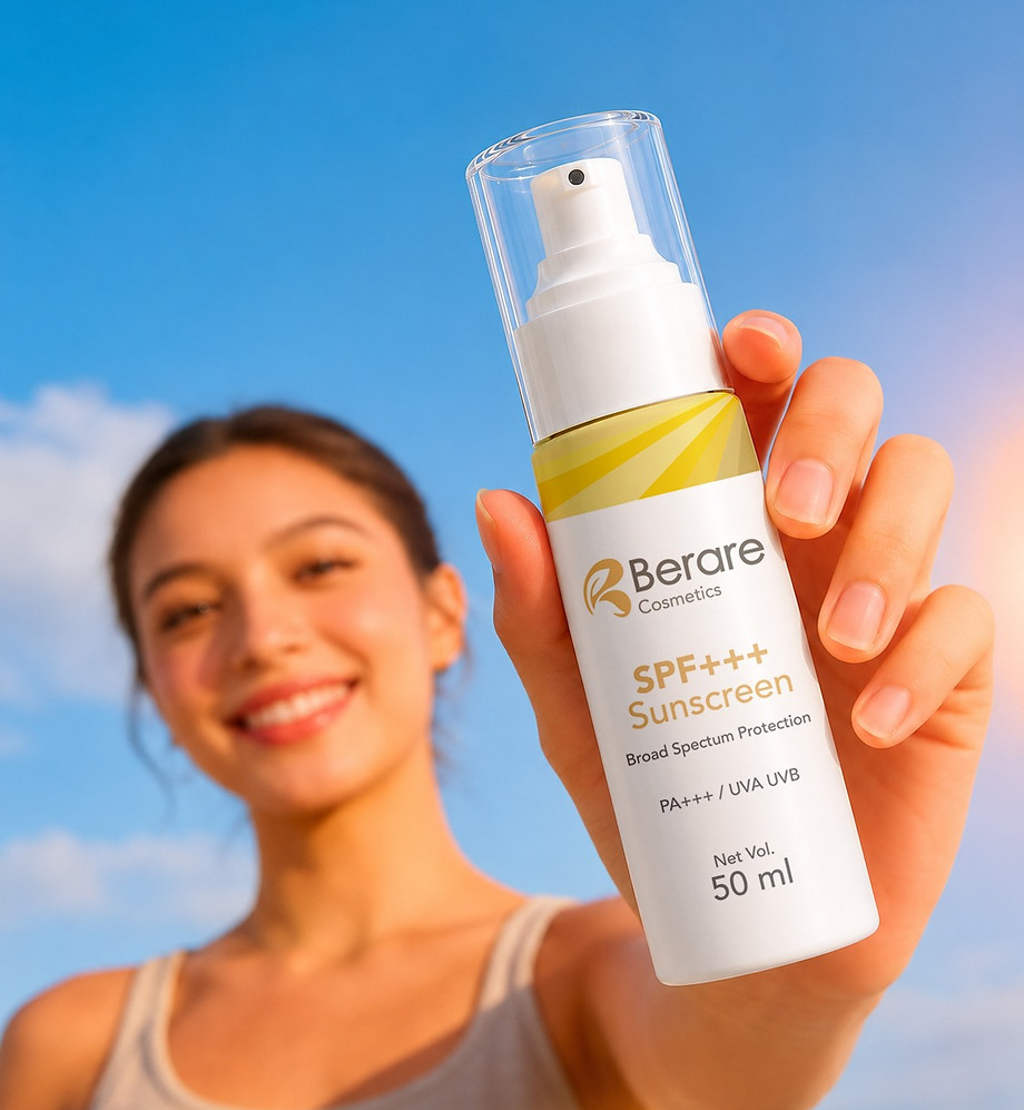 Model holding Berare SPF+++ Sunscreen featuring premium skincare branding and lifestyle beauty photography by Brandfinity.