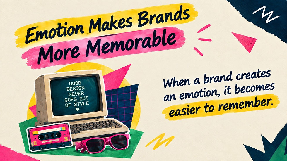 80s-inspired branding visual showing vintage technology, cassette tapes, and retro design elements with the message that emotional branding helps brands become more memorable.