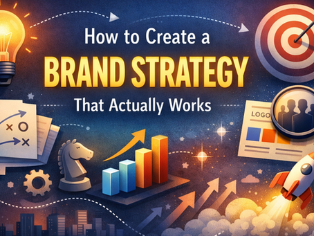 How to create a brand strategy that actually works illustrated with target, graphs, lightbulb, and marketing icons.