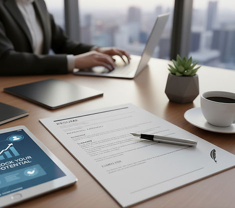 HR professional working on resume at desk with laptop and tablet