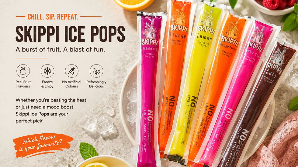 Blog hero banner showcasing colorful Skippi Ice Pops in Raspberry, Orange, Lemon, Mango Twist, Bubble Gum, and Cola flavors arranged over ice with fresh fruits and the headline "Skippi Ice Pops," highlighting the brand's vibrant packaging and refreshing frozen treats.