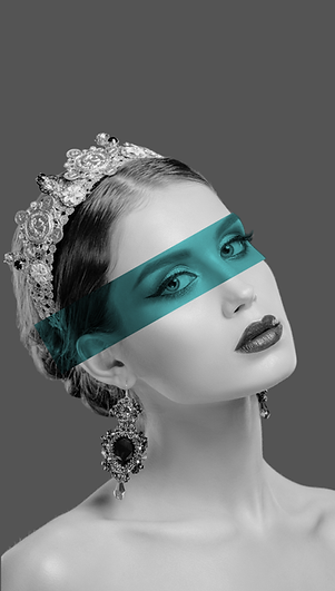 Black and white close-up portrait of woman with artistic eye makeup highlight