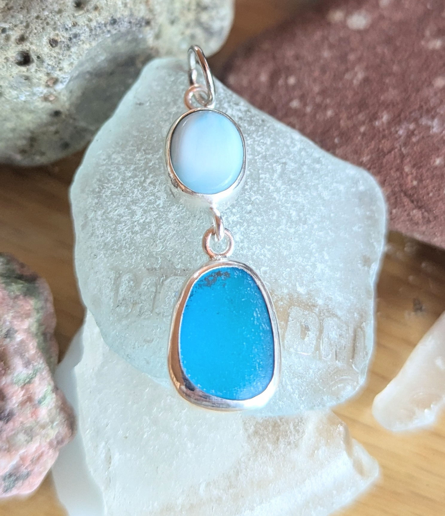Larimar and Beach Glass Dangle Pendant and Chain