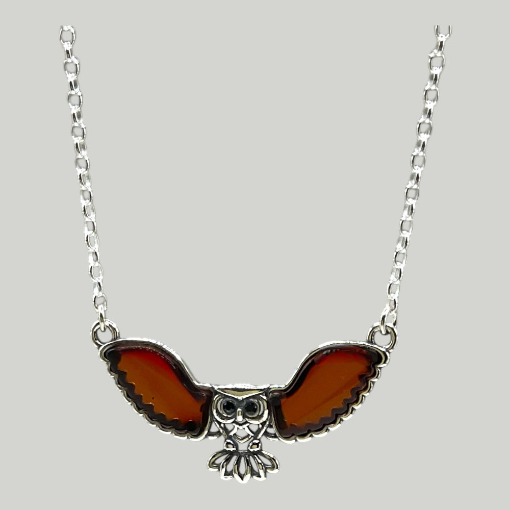 Cherry Amber Owl Necklace - Handcrafted Baltic Amber Wildlife Jewelry