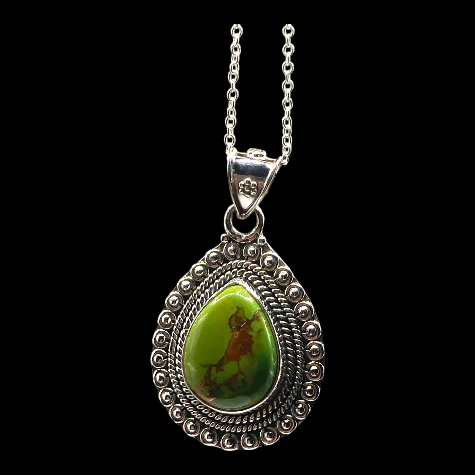 Green Copper Turquoise Pendant in Sterling Silver