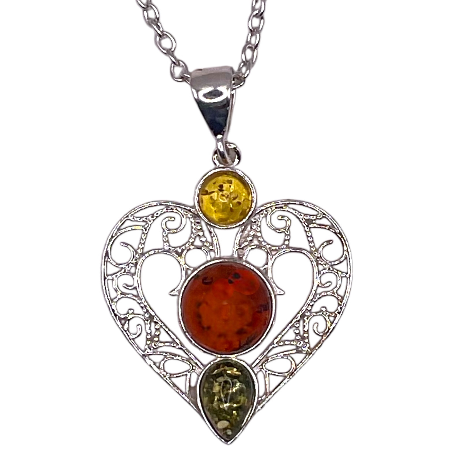Baltic Amber Heart Pendant - Tri-Color Amber Heart Necklace