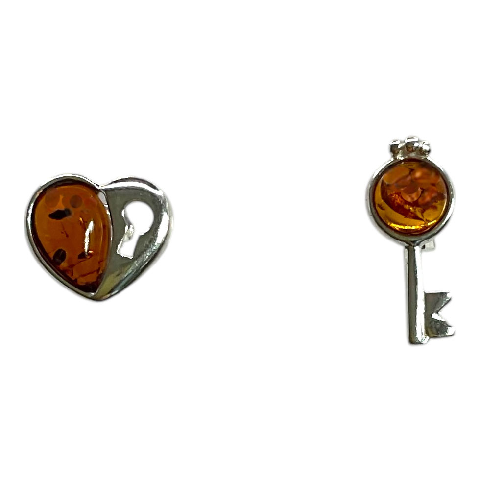 Baltic Amber Earrings - Amber Heart, Lock & Key Studs