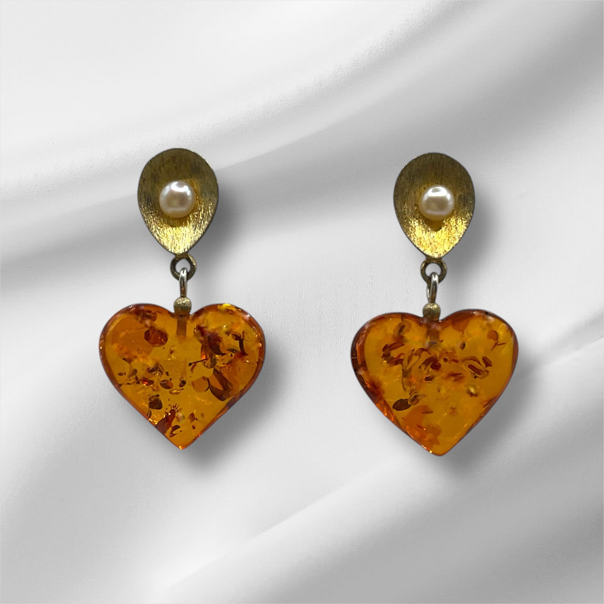 Vintage Baltic Amber Earrings -Amber, Gold & Pearl Stud Earrings