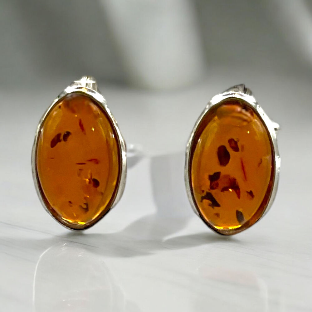 Baltic Amber Earrings - Honey Amber Oval Stud Earrings