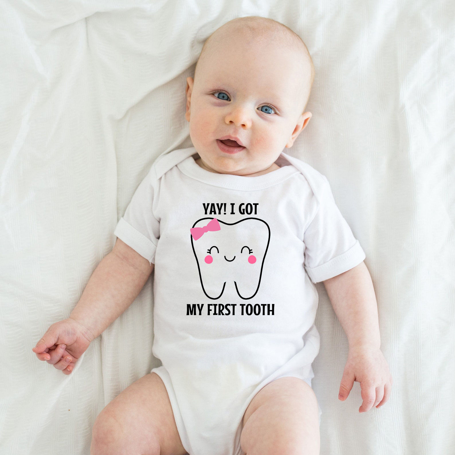 Yay My First Tooth White Onesie / Romper / Tshirt (Pink)