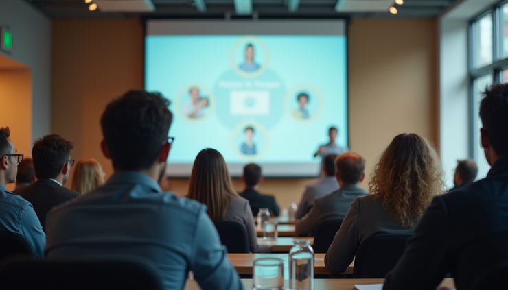 Vista frontal de uma sala de treinamento com colaboradores atentos a uma apresentação sobre cultura organizacional
