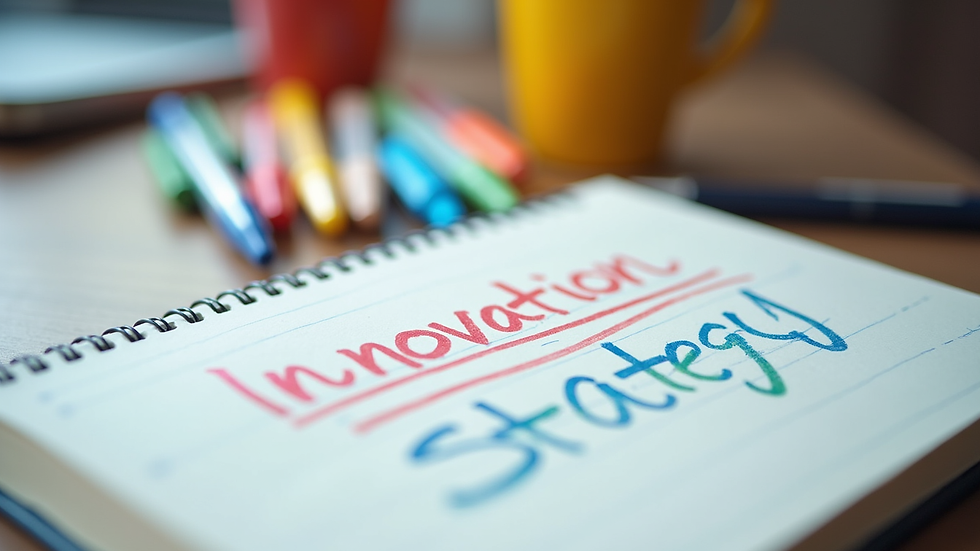 Close-up view of a notebook with innovation strategy notes and colorful markers