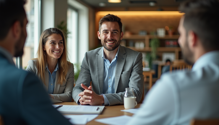 Vista frontal de líder motivando equipe em reunião informal