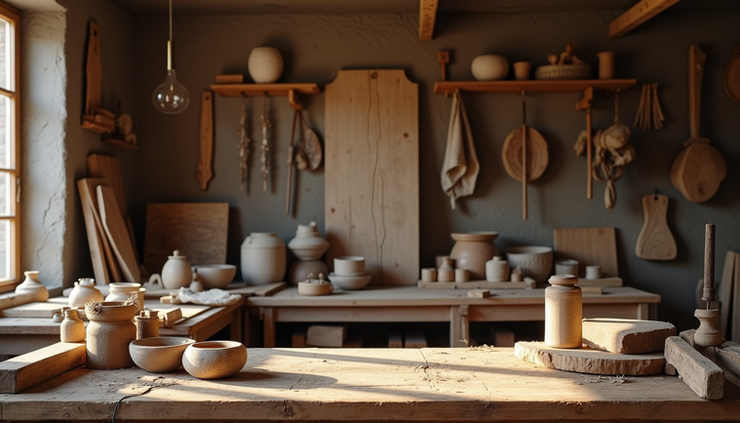 Vista frontal de oficina de móveis rústicos com ferramentas e madeira