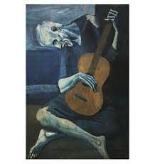 old man playing a guitar. dark colors, pale skin.