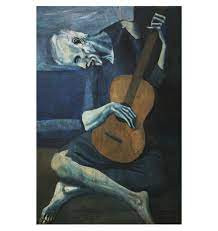 old man playing a guitar. dark colors, pale skin.