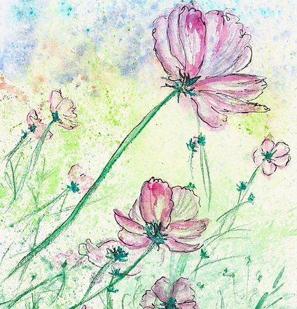 Dainty purple flowers blow in the wind against a green and blue background.