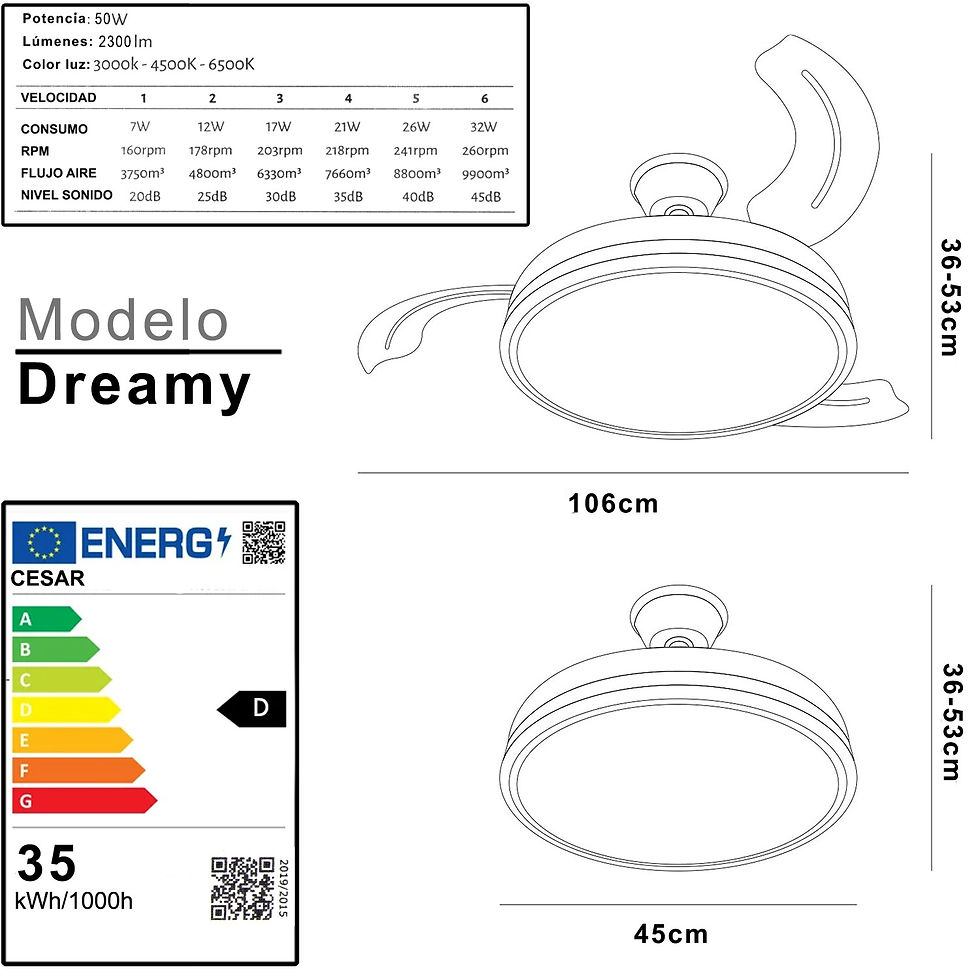 Miniatura: Ventilador de techo Dreamy - Metallic Gold, con 3 aspas retráctiles, luz LED y motor DC