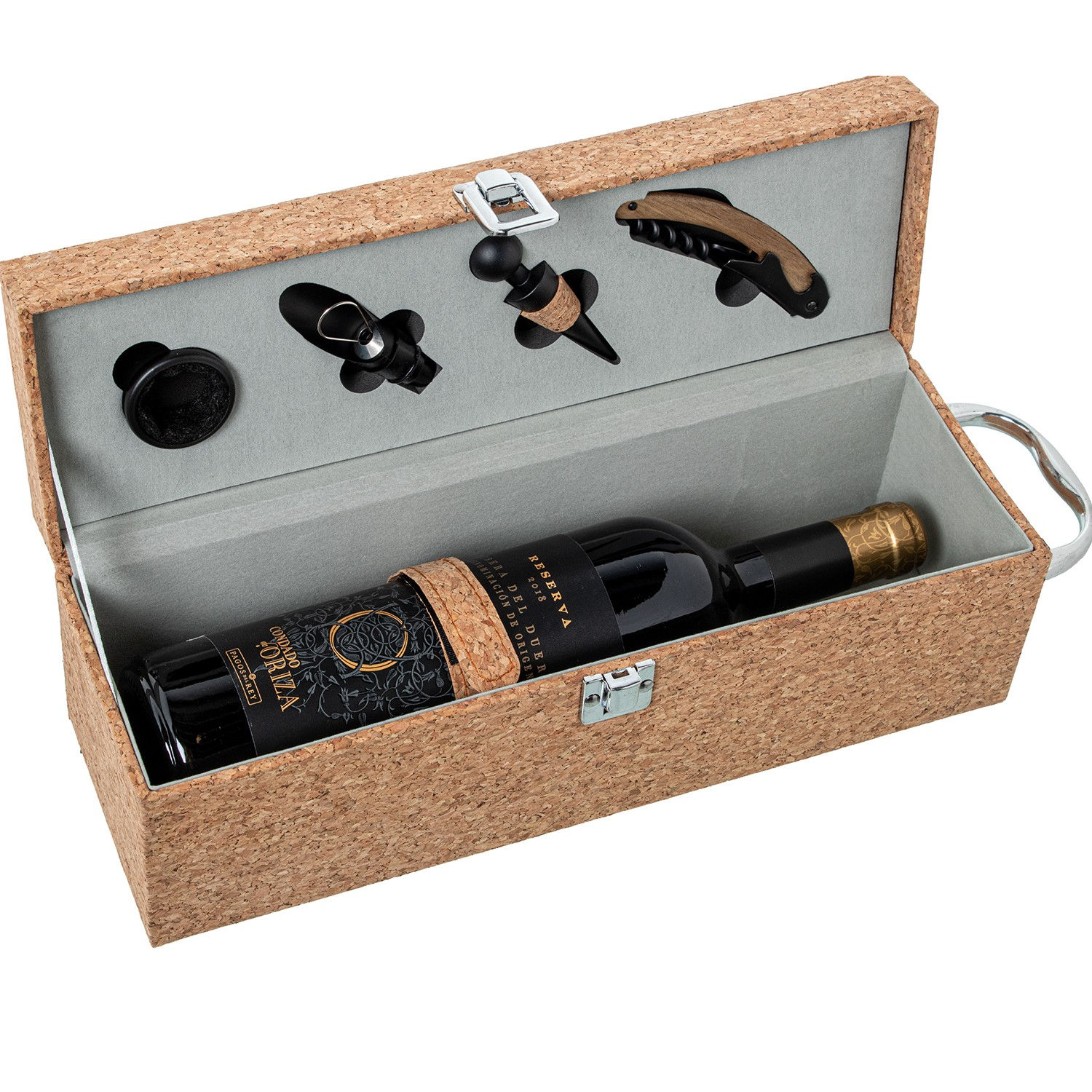 Set de 4 Accesorios para Vino en Caja de Corcho con Soporte para Botella - 34,5×11×12 cm