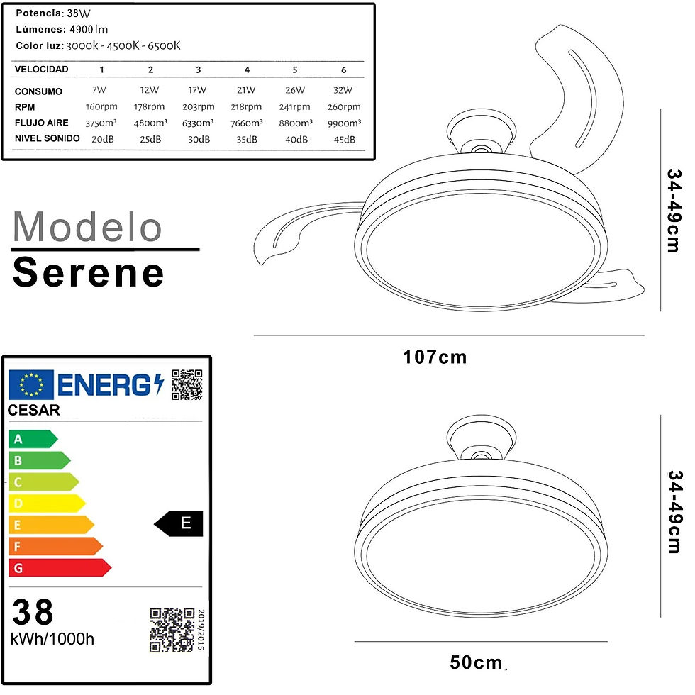 Miniatura: Ventilador de Techo Serene - con Aspas Retráctiles, Luz LED y Motor DC
