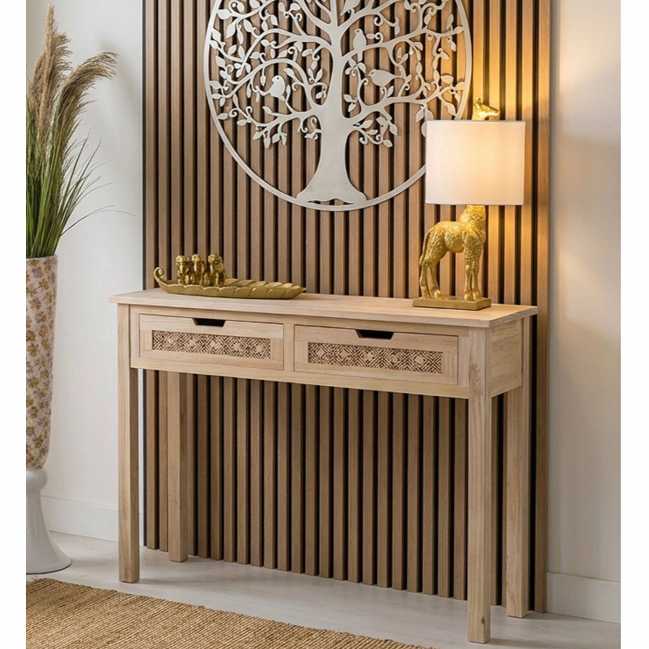 Consola de madera natural con 2 cajones