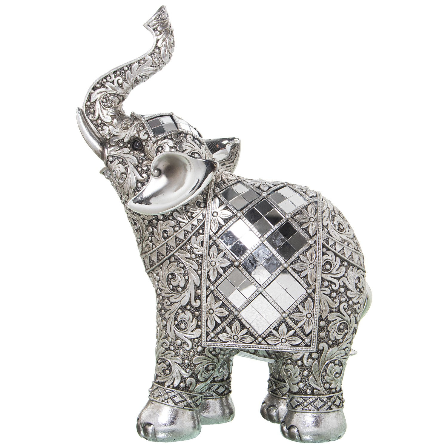 Silver Elephant Figurine with Mirrored Details - Resin - 30 cm