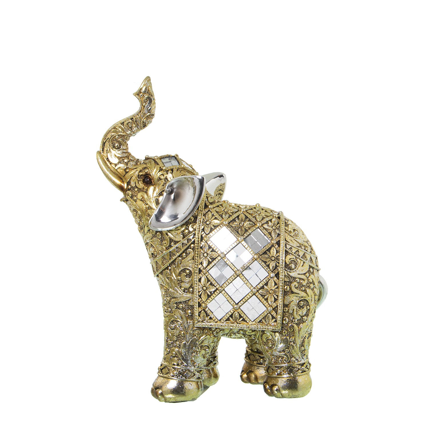 Figura de Elefante Dorado con Detalles de Espejo - Resina - 23 cm