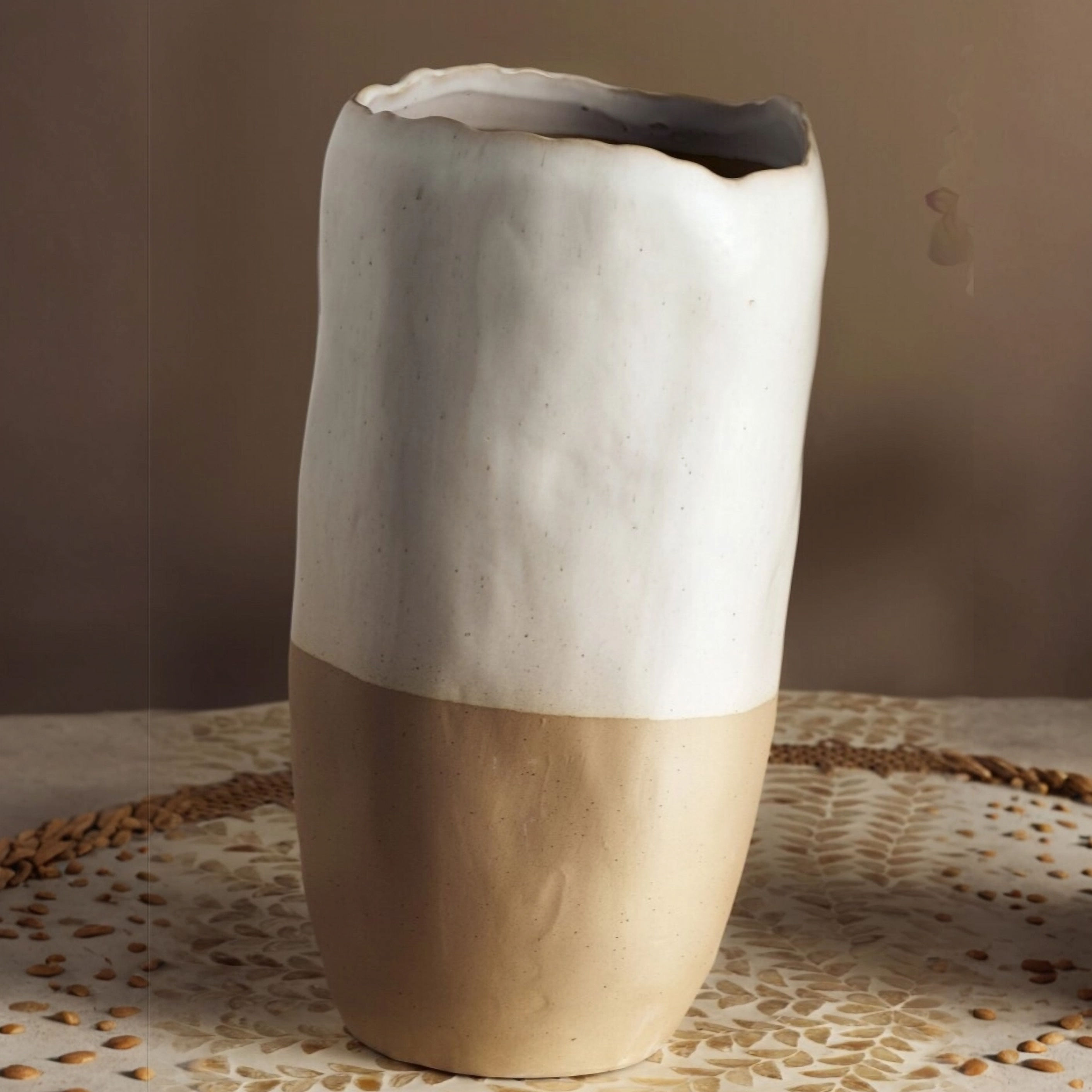 Jarrón de Cerámica Beige y Blanco - 37 cm