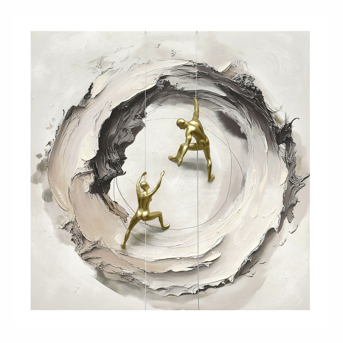 Tela Abstrata Circular em Relevo com Figuras de Escaladores Dourados - 100x100 cm