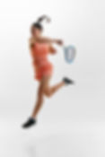 Full-length vertical portrait of young woman, tennis player in uniform training against wh