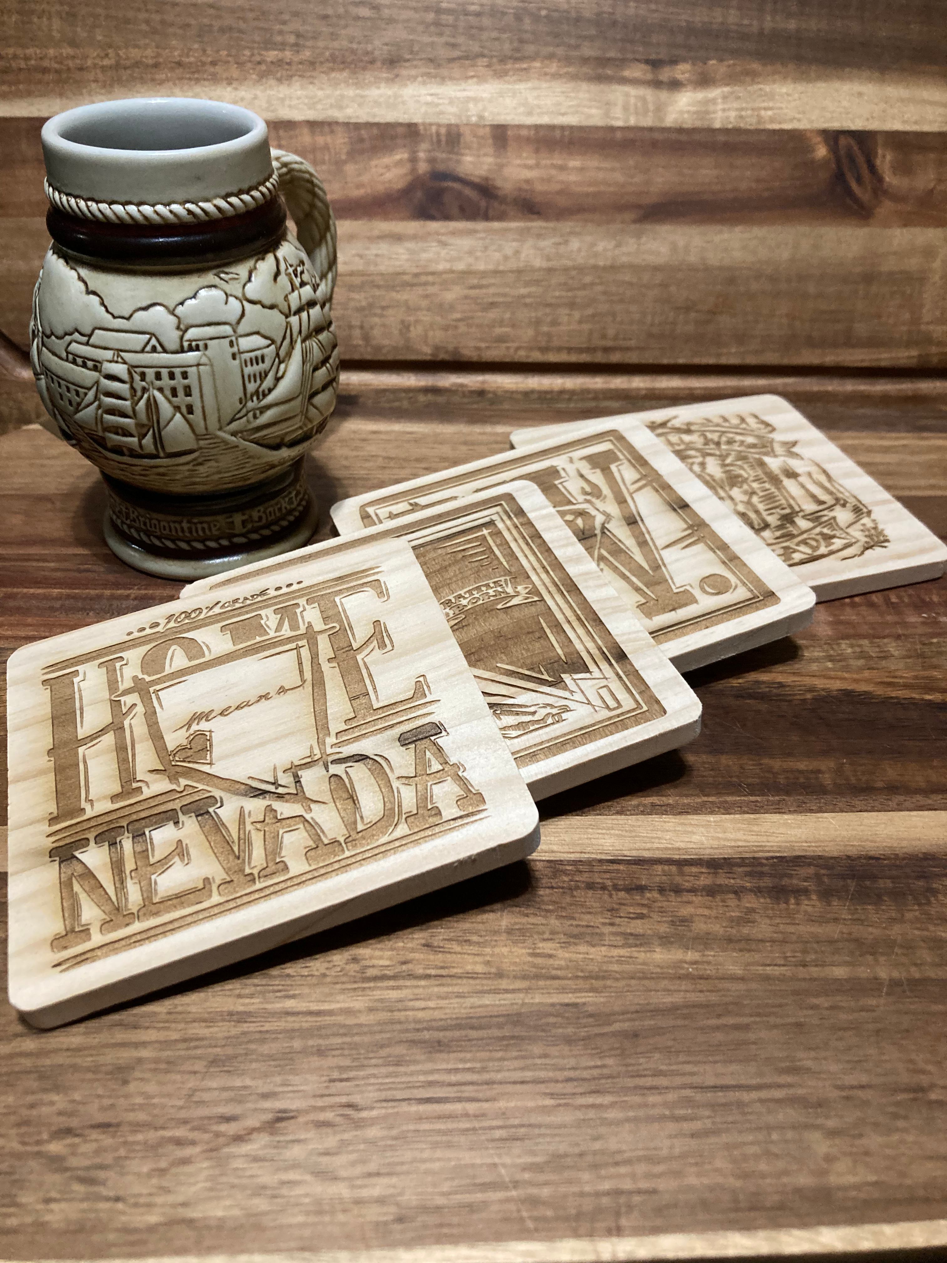 Thick Wood - Nevada, Battle Born Coasters! 4x4" inch - 4 Unique Design Set
