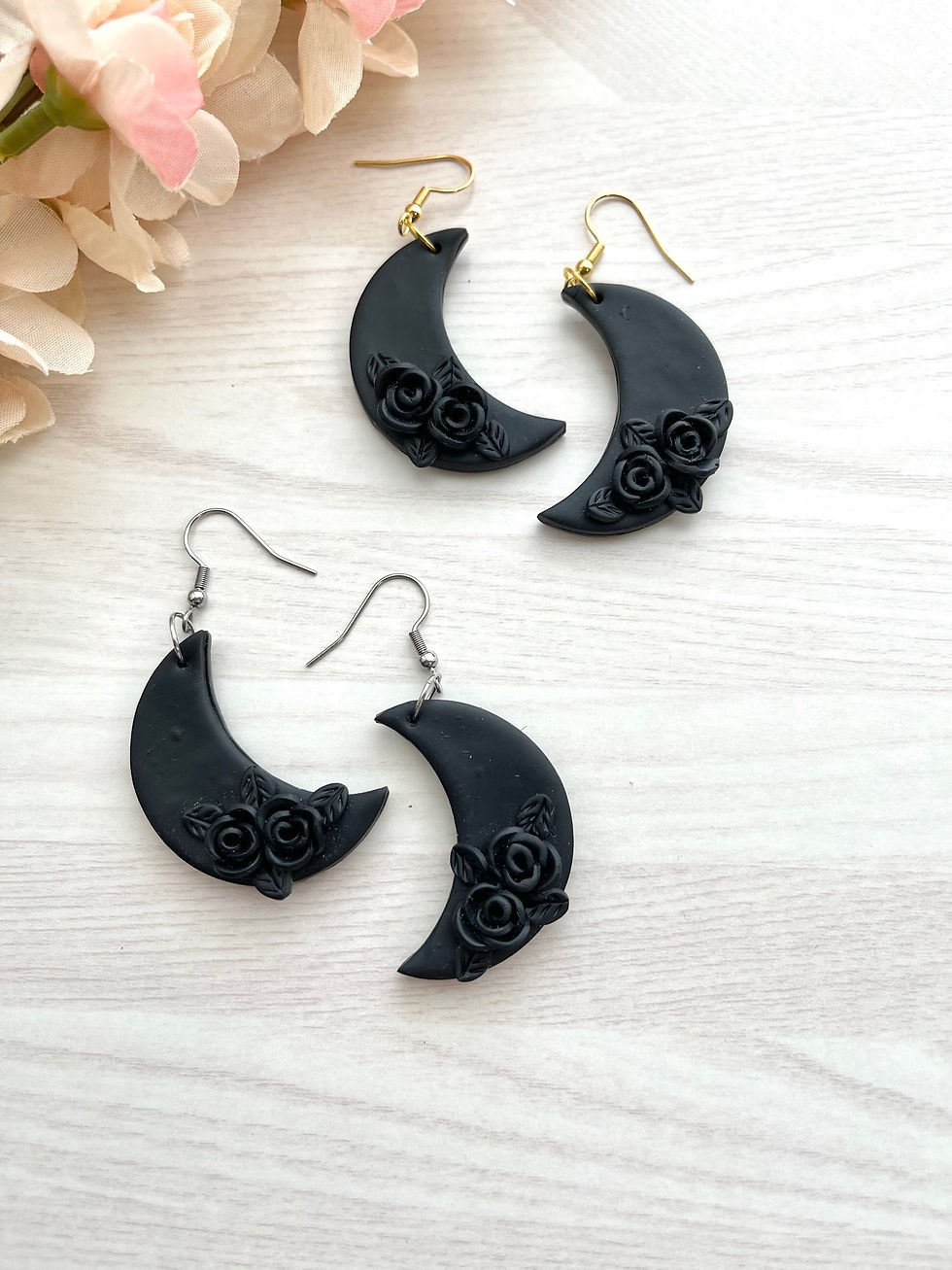 Thumbnail: Black floral moon earrings 
