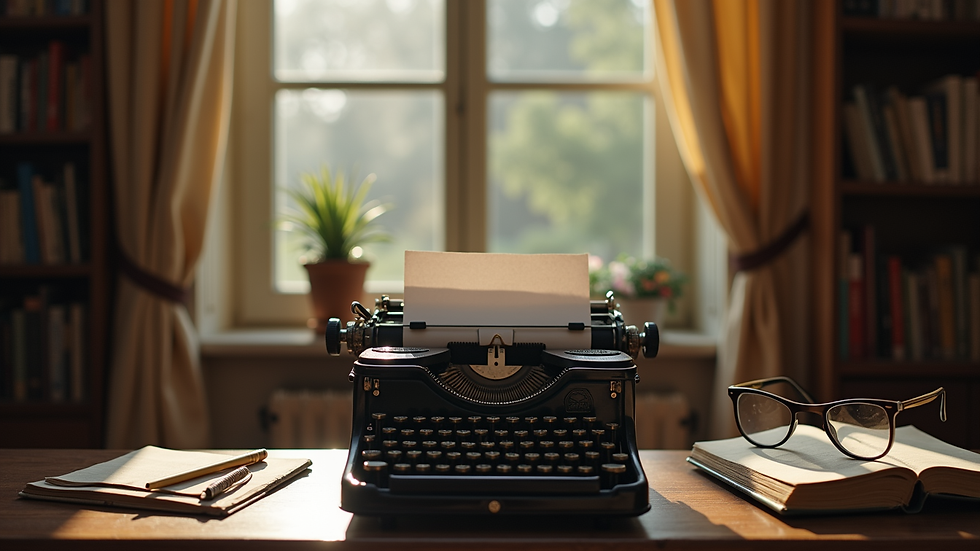 Eye-level view of a cozy writing nook with a typewriter and books