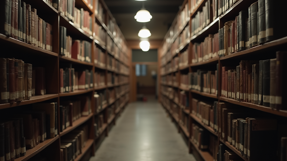 Eye-level view of an old library filled with books