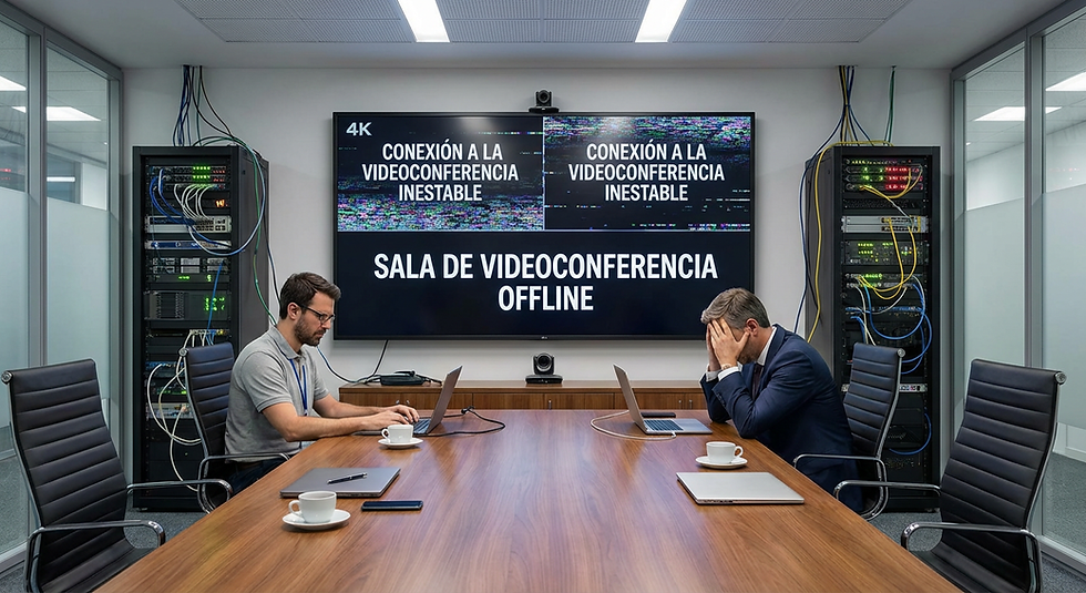 Sala de reuniones con sistema de videoconferencia fuera de servicio; dos personas trabajan en laptops mientras una pantalla muestra mensajes de conexión inestable y “sala de videoconferencia offline”, con equipos de red visibles a los lados.