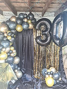 organic balloon garland, black and gold balloons, 30th birthday balloons