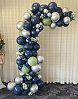 organic balloon garland, navy blue and green eucalyptus balloons